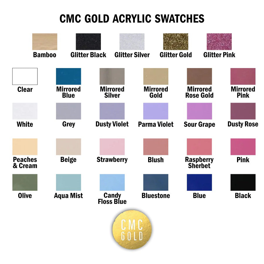 CMC Gold acrylic colour swatches chart showing multiple acrylic colour options including glitter, mirrored and pastel colours