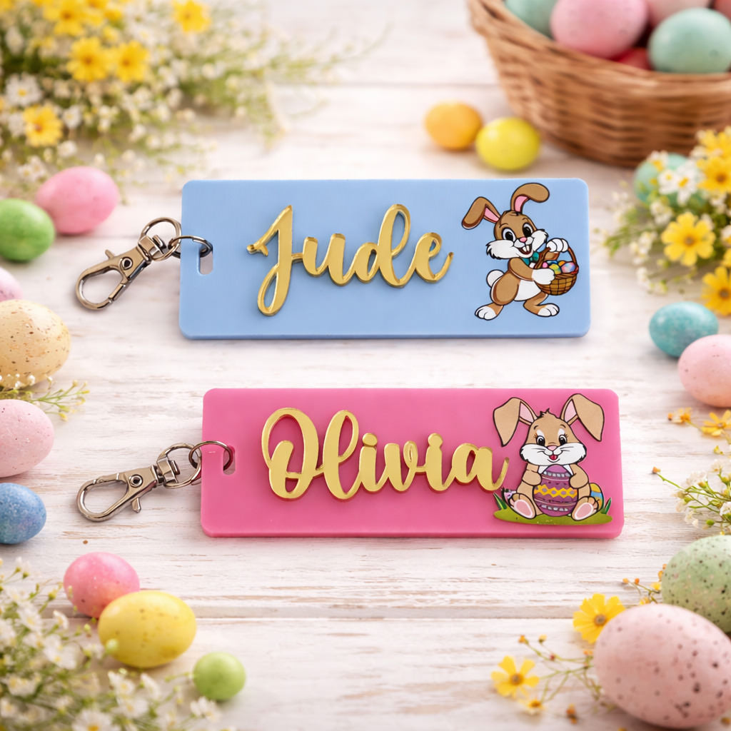 Personalised Easter bunny name keyrings for kids with bunny design and pastel colours