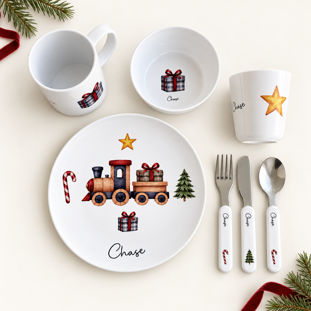 Personalised Kids Dinner Set - Christmas Vintage Train Set