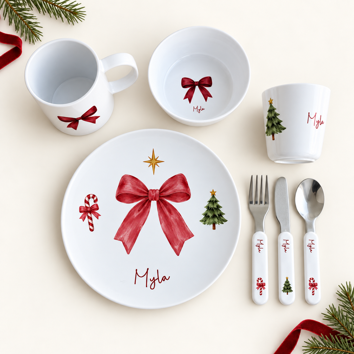 Personalised Kids Dinner Set - Christmas Bow