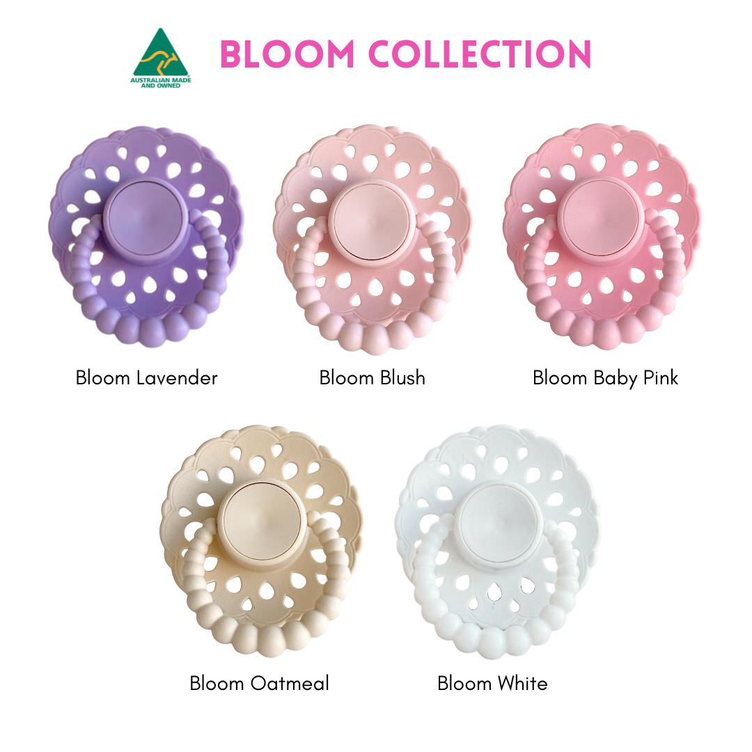 Bloom collection baby dummies colour chart showing lavender, blush, baby pink, oatmeal and white dummies with bubble handles