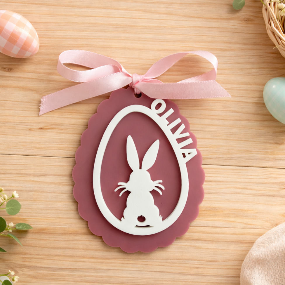 Personalised dusty rose easter bunny egg ornament with ribbon detail