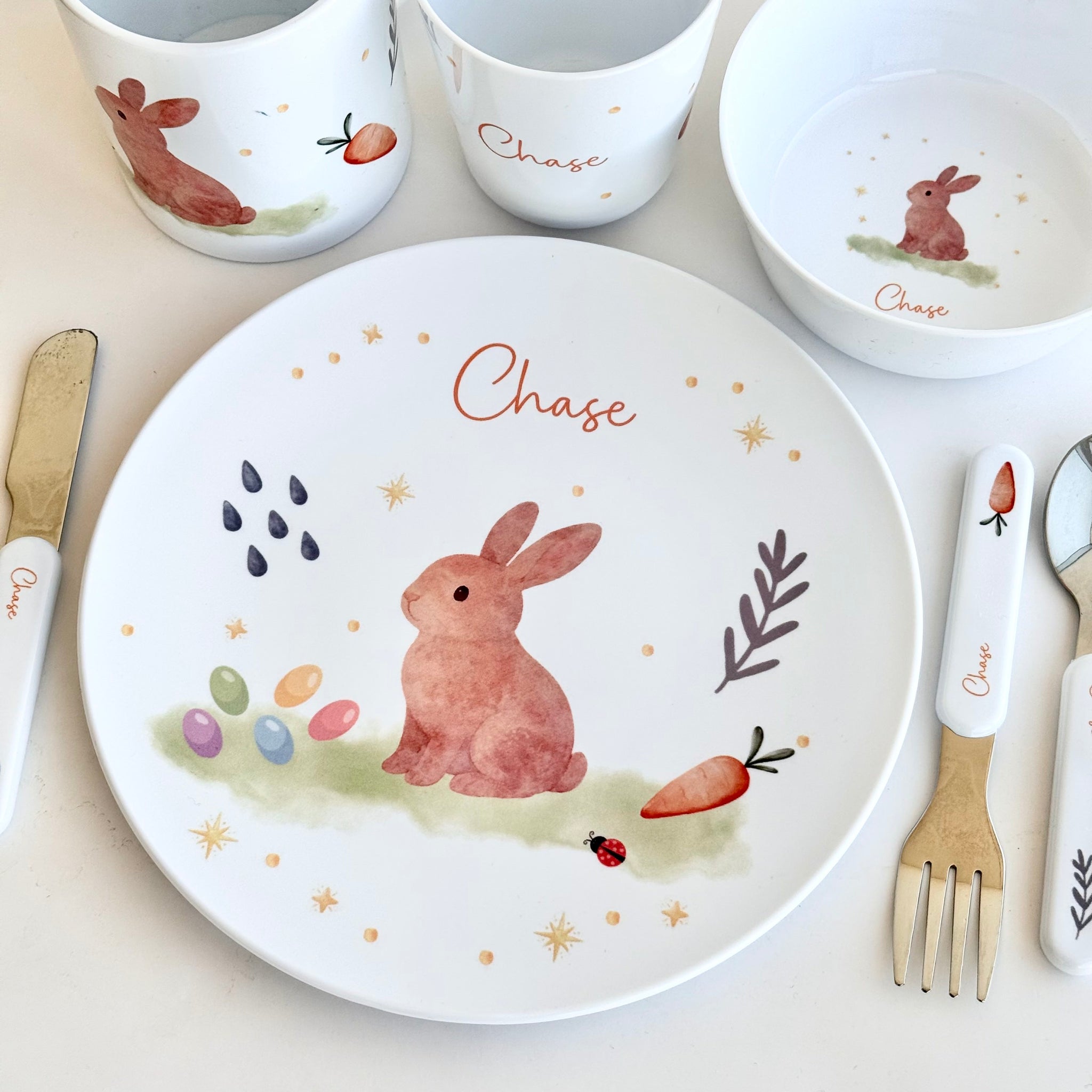 Personalised kids Easter dinner set with bunny design including plate, bowl, cup and cutlery