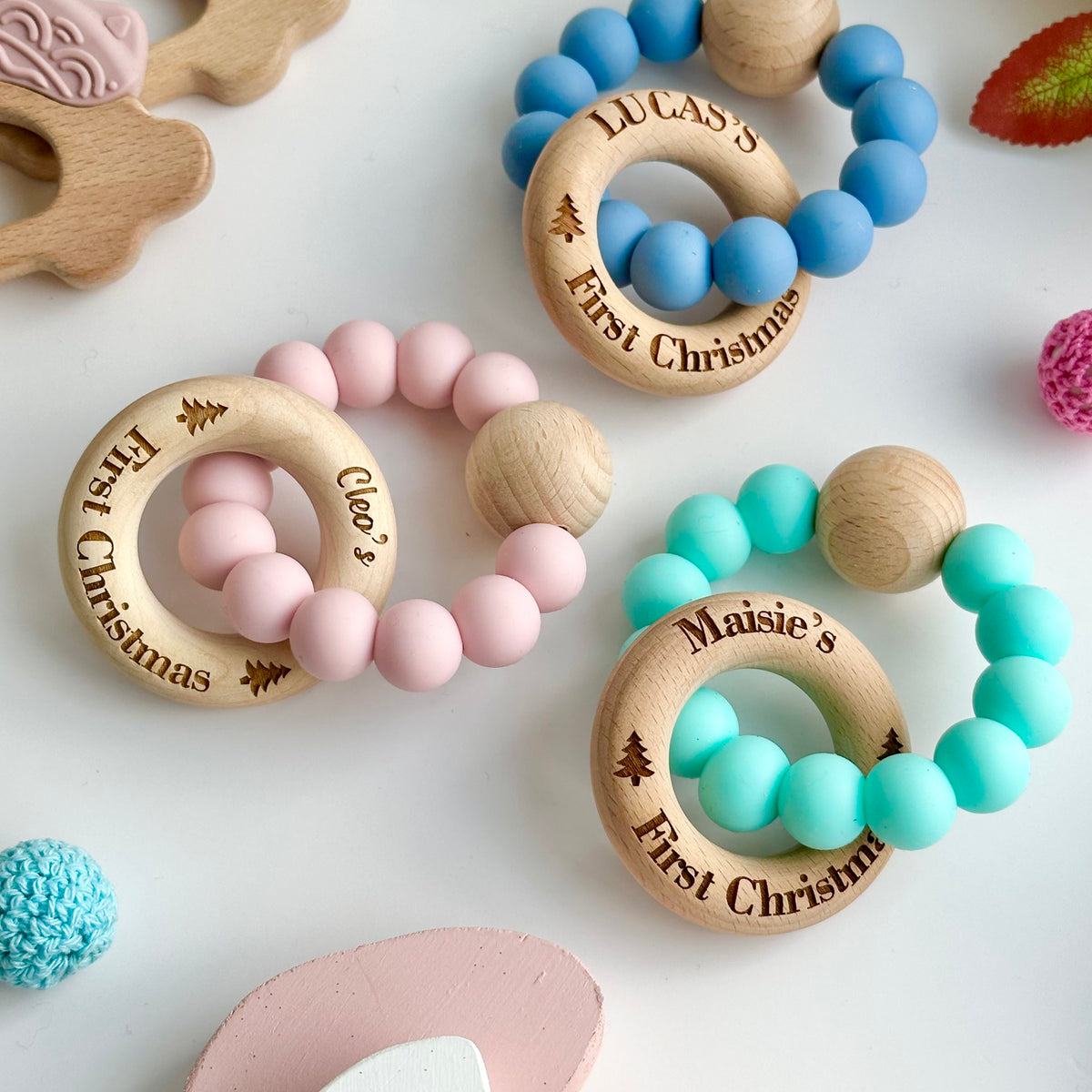 First Christmas Silicone Teether with Personalised Beechwood Ring