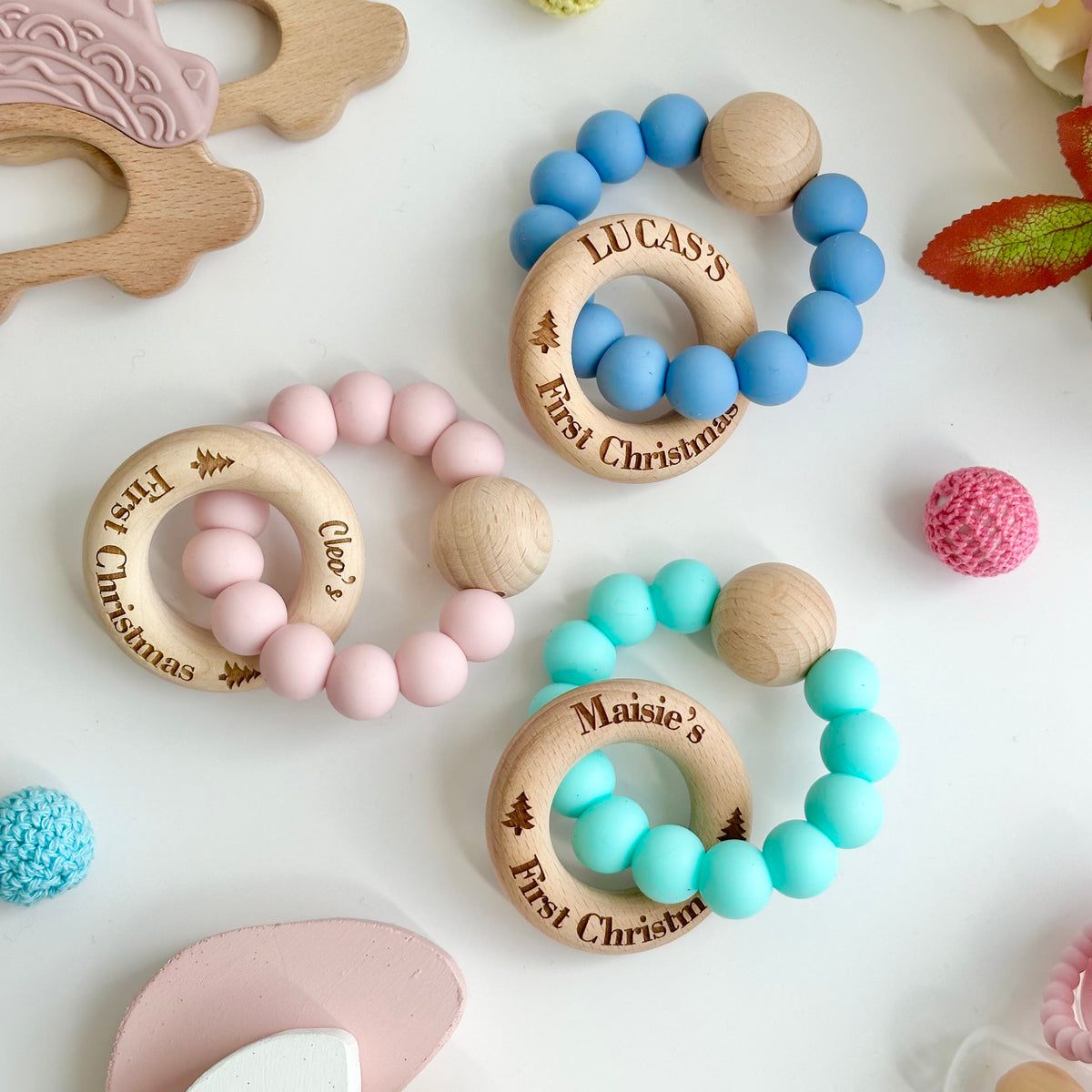 First Christmas Silicone Teether with Personalised Beechwood Ring