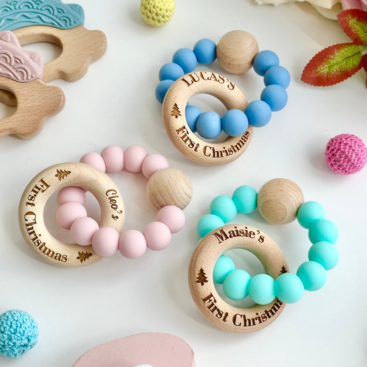 First Christmas Silicone Teether with Personalised Beechwood Ring