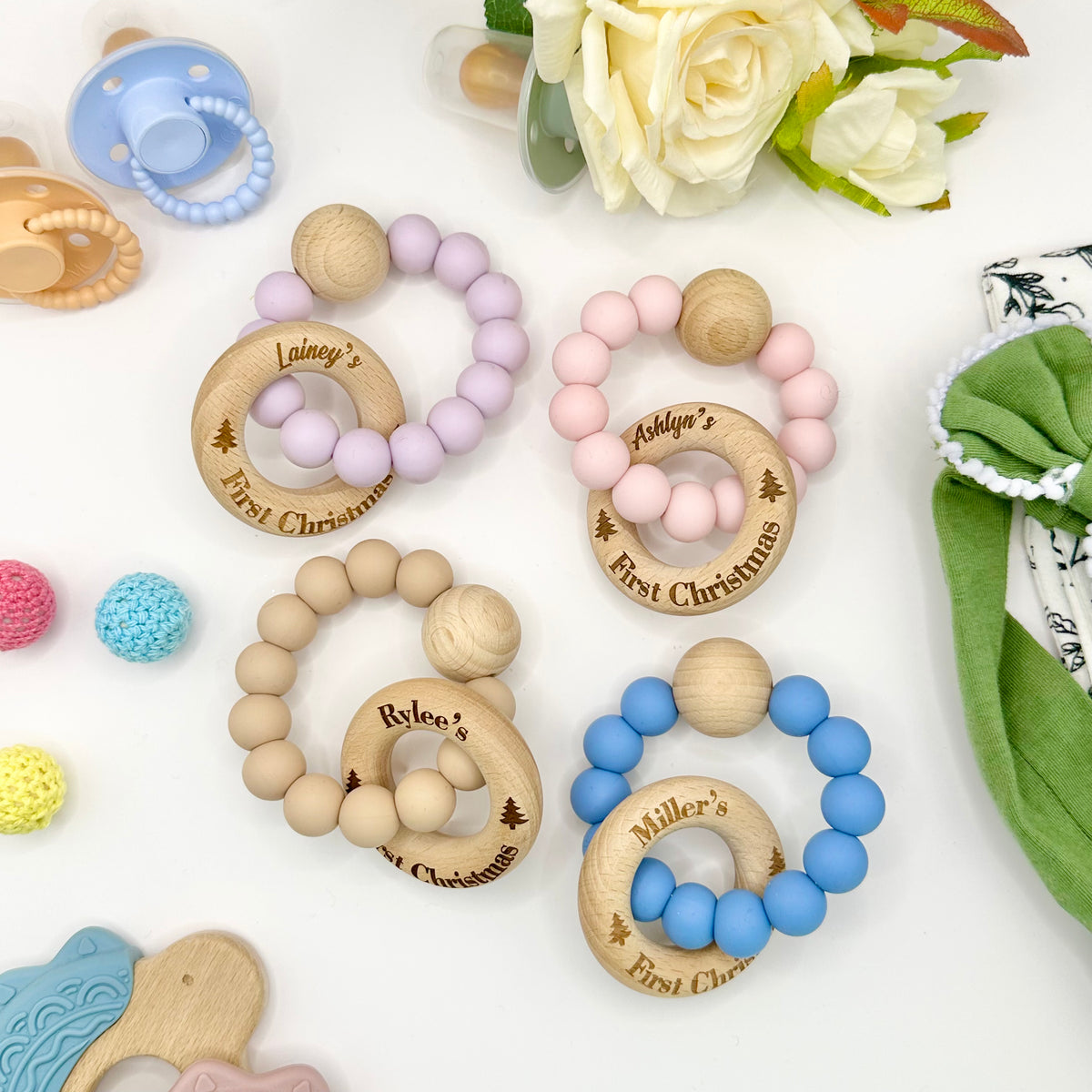 First Christmas Silicone Teether with Personalised Beechwood Ring