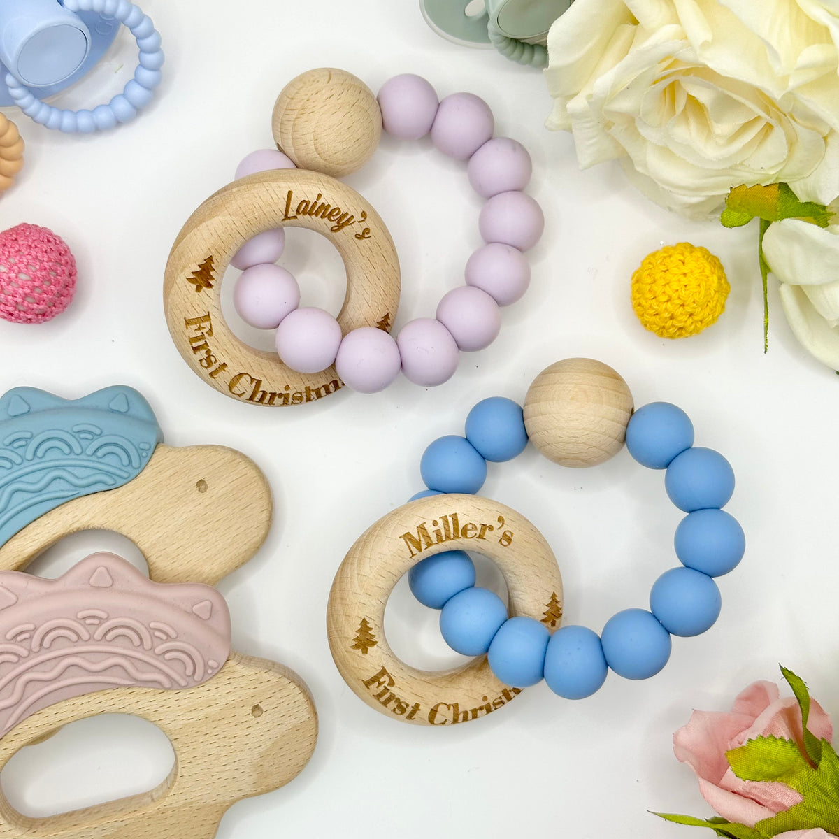 First Christmas Silicone Teether with Personalised Beechwood Ring