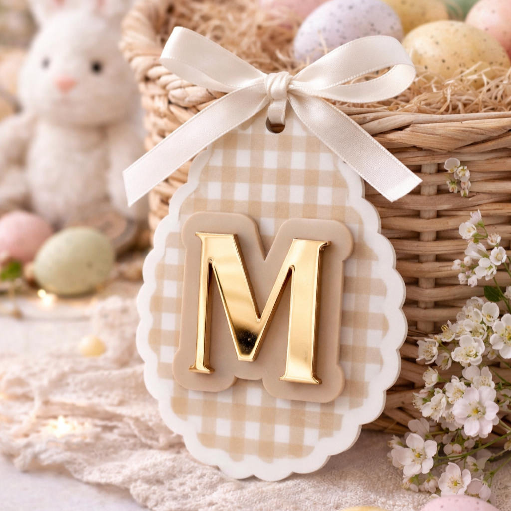 3D Initial - Gingham Easter Basket Tag