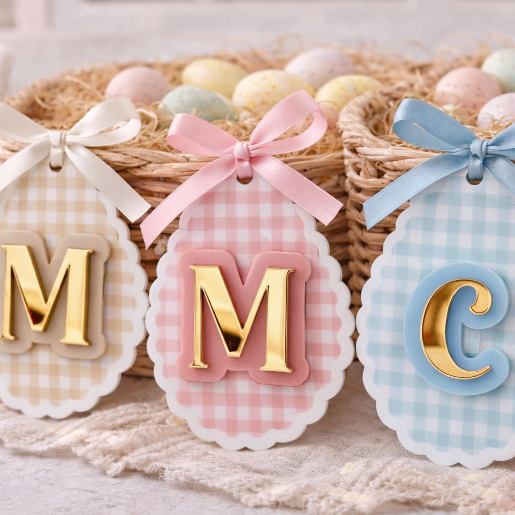 3D Initial - Gingham Easter Basket Tag