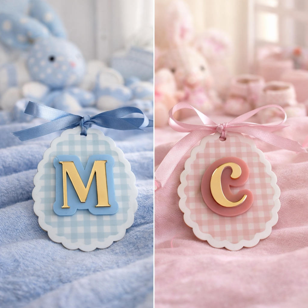 Personalised Easter initial ornaments with blue and pink gingham patterns and gold letters hanging with ribbon