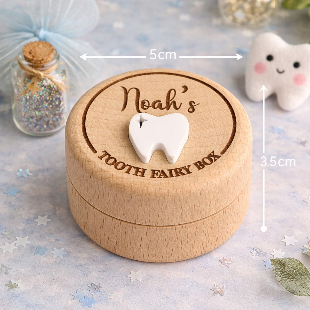 Personalised wooden tooth fairy box engraved with name showing size dimensions 5cm width and 3.5cm height with decorative background