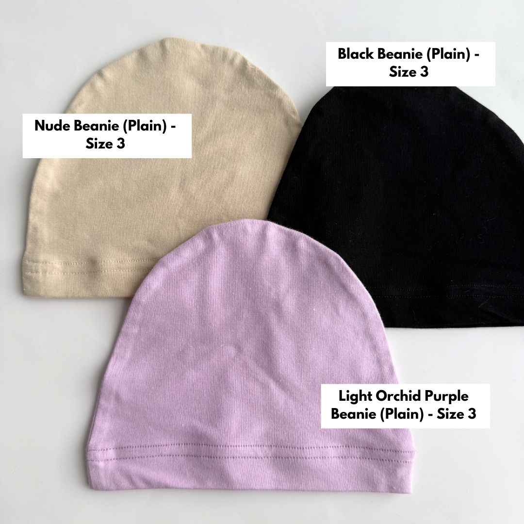 Clearance plain baby beanies size 3 in nude, black and light orchid purple colours.