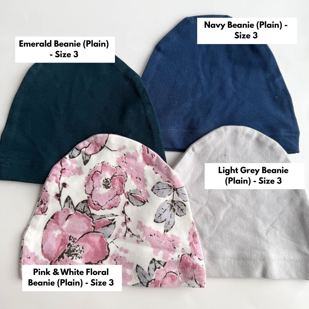 Clearance baby beanies size 3 in emerald, navy, pink and white floral and light grey colours.