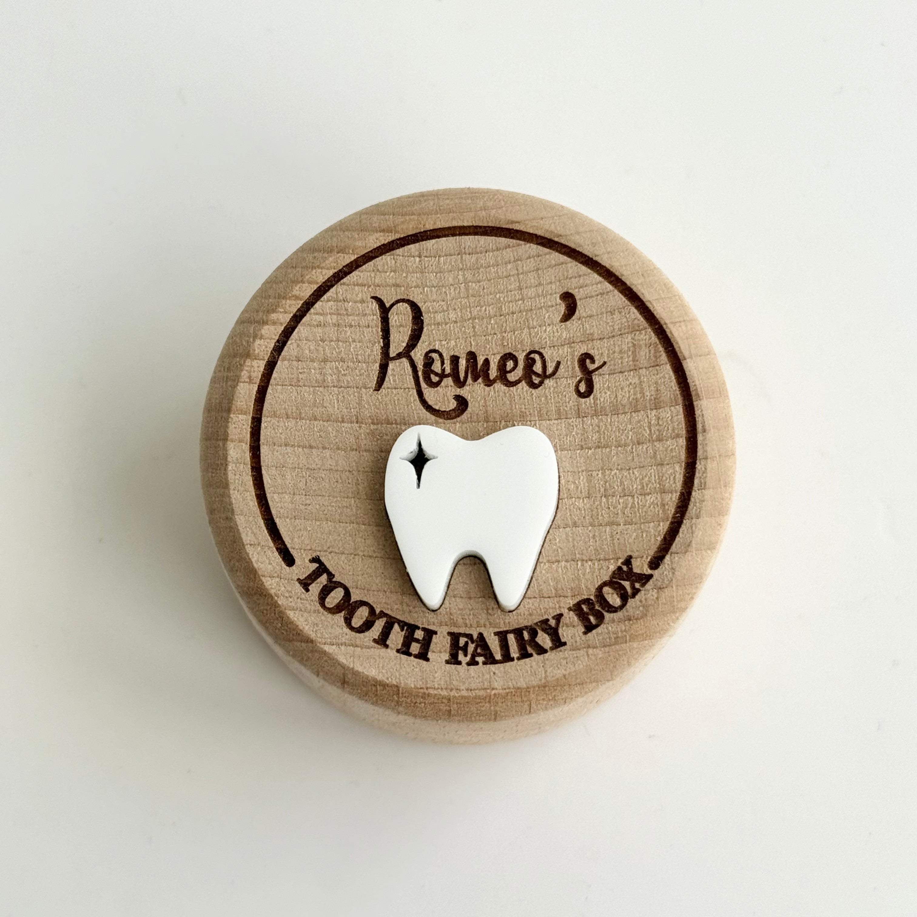 personalised wooden tooth fairy box with engraved name and tooth detail, open keepsake box for children