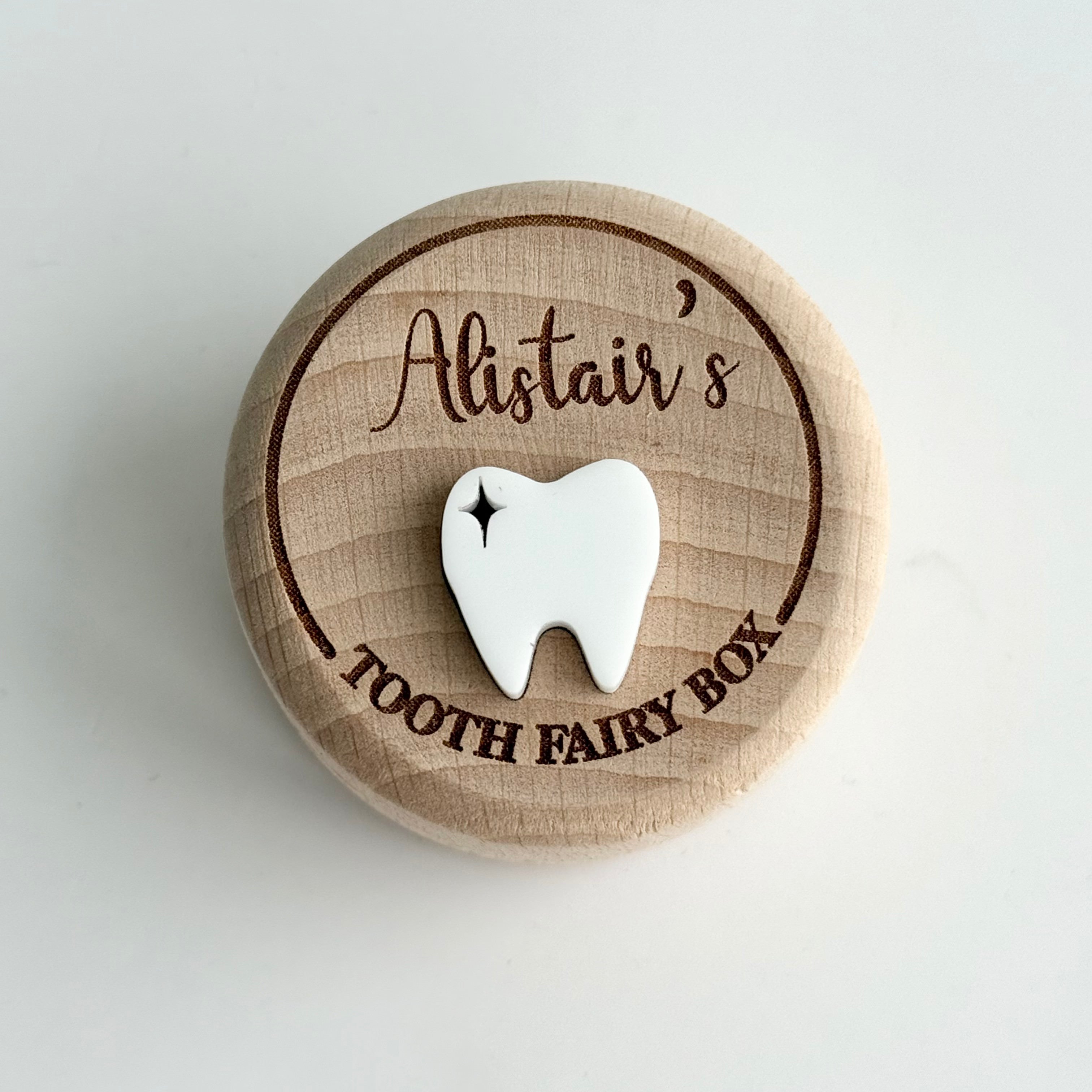 personalised wooden tooth fairy box with engraved name and tooth detail, open keepsake box for children