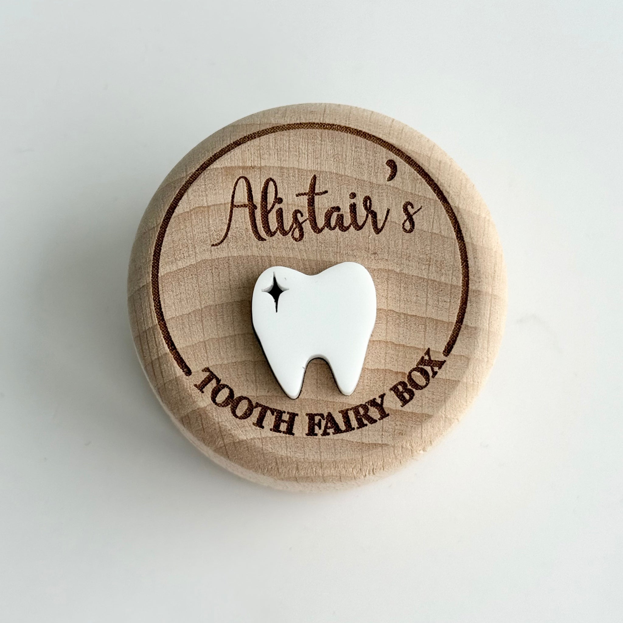 personalised wooden tooth fairy box with engraved name and tooth detail, open keepsake box for children