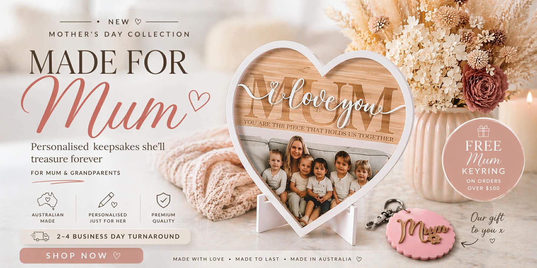 Mother’s Day personalised keepsake gifts including heart photo frame, custom plaque and mum keyring by Australian brand CMC Gold