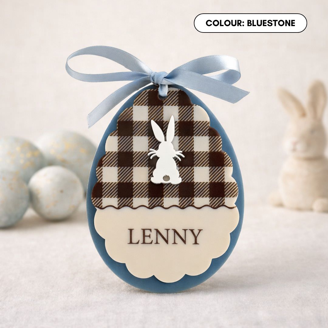 Personalised Easter egg ornament with bunny silhouette in bluestone colour with gingham check design