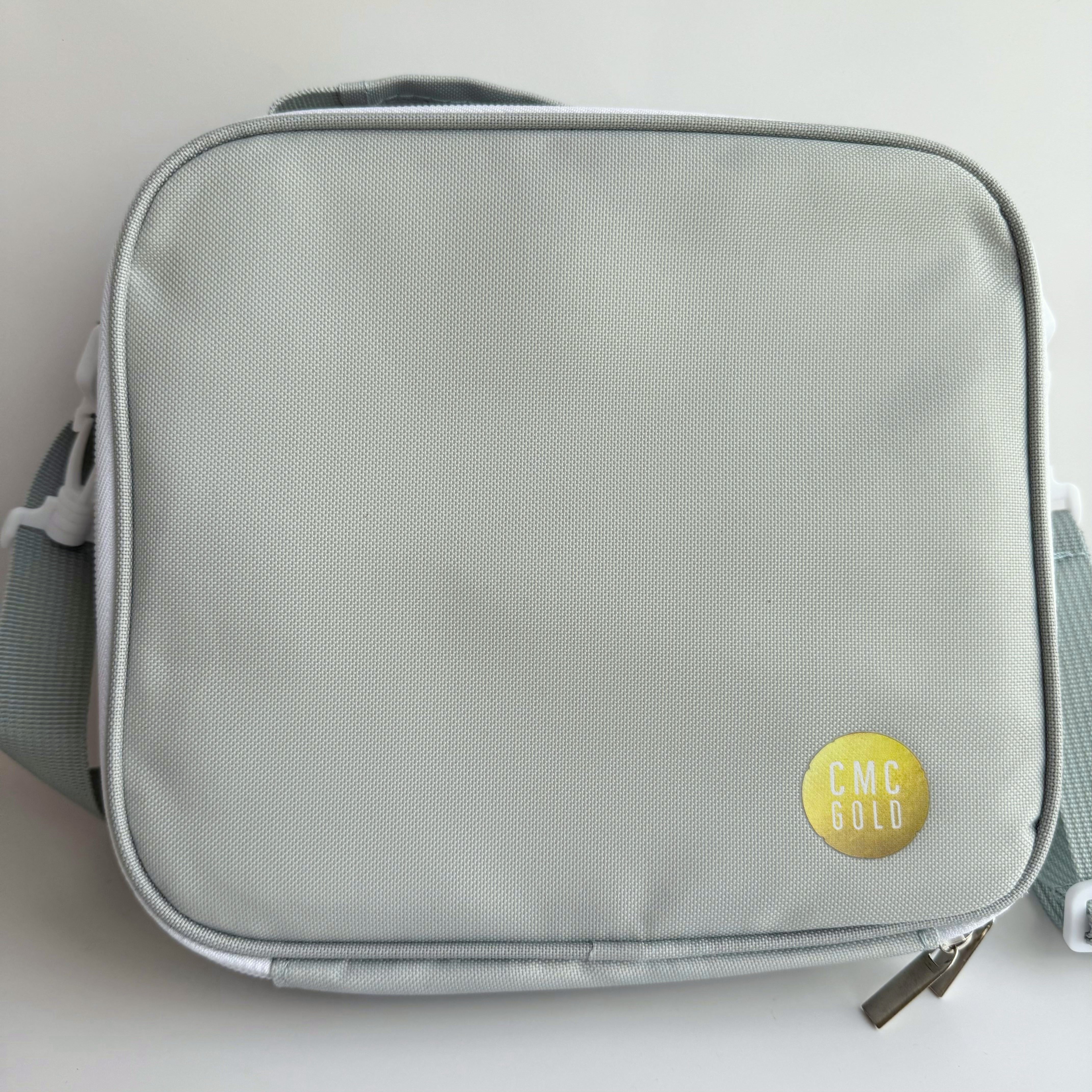 Sage insulated kids bento lunch bag with CMC Gold logo, simple minimalist design for school or daycare