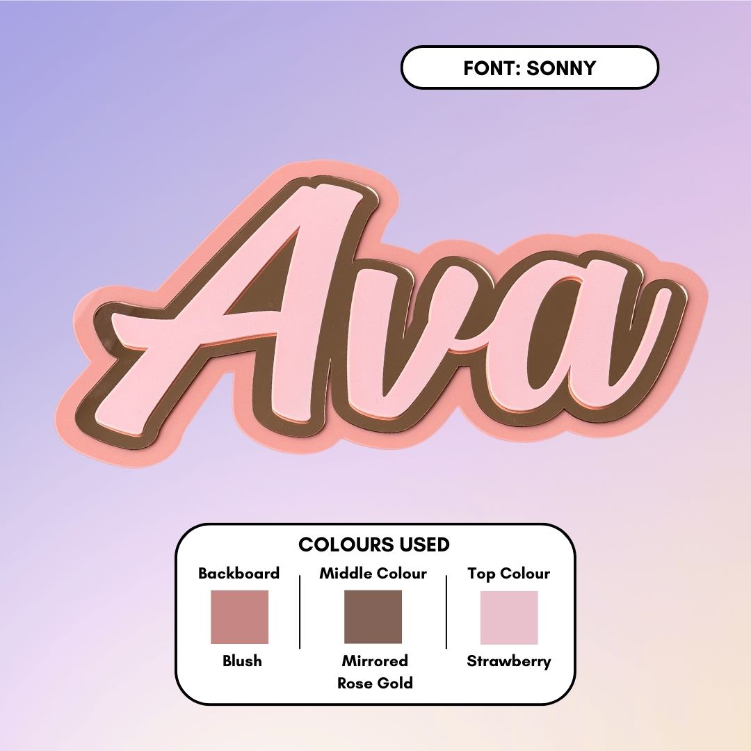 Personalised 3D nursery name plaque in blush, mirrored rose gold and strawberry colours.