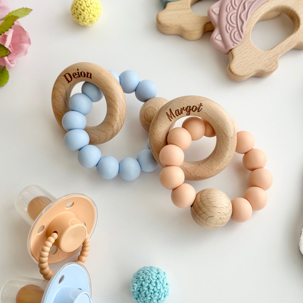 Silicone Teether with Personalised Beechwood Ring