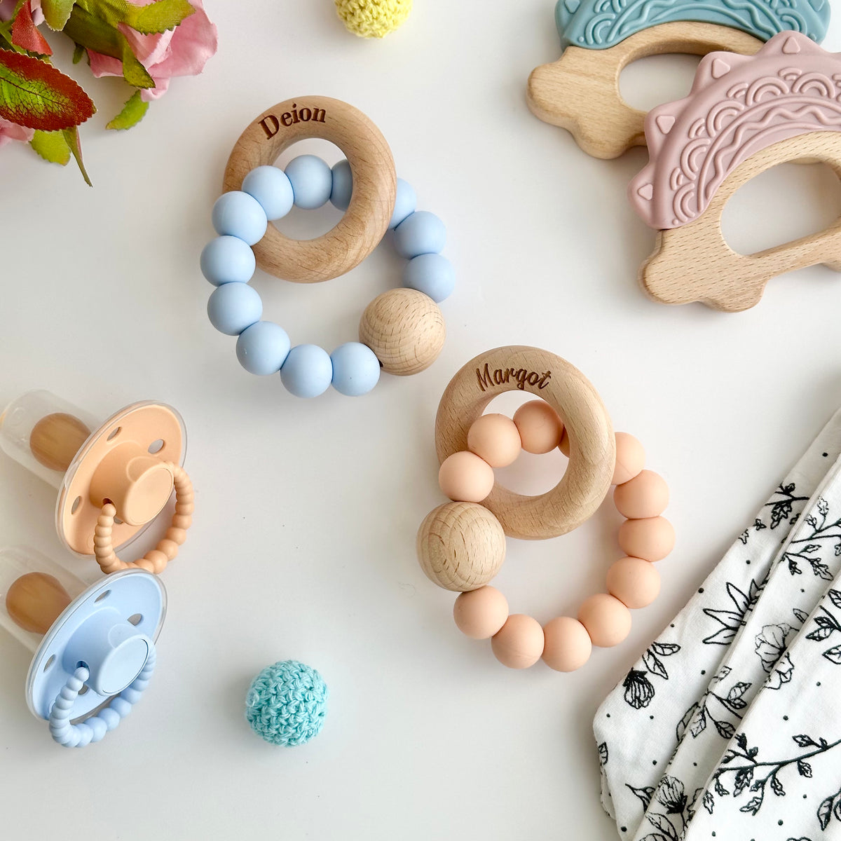 Silicone Teether with Personalised Beechwood Ring