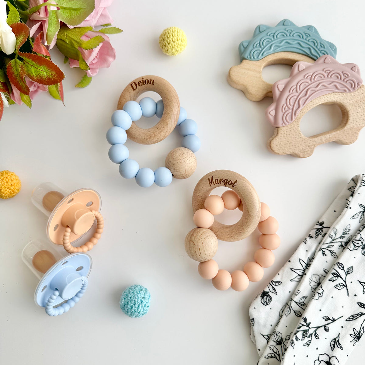 Silicone Teether with Personalised Beechwood Ring