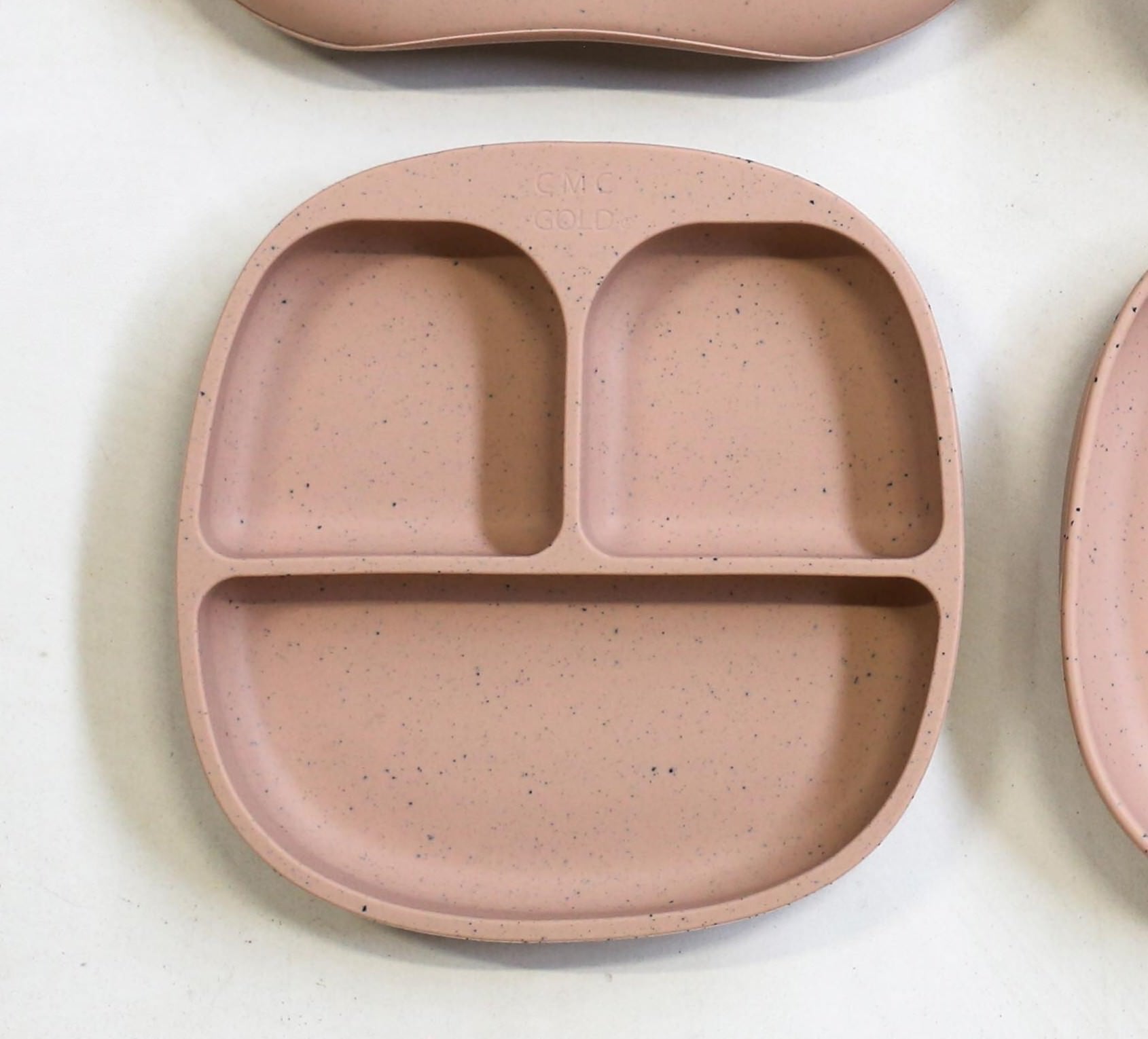 Blush speckled silicone divided plate with three compartments for baby and toddler meals