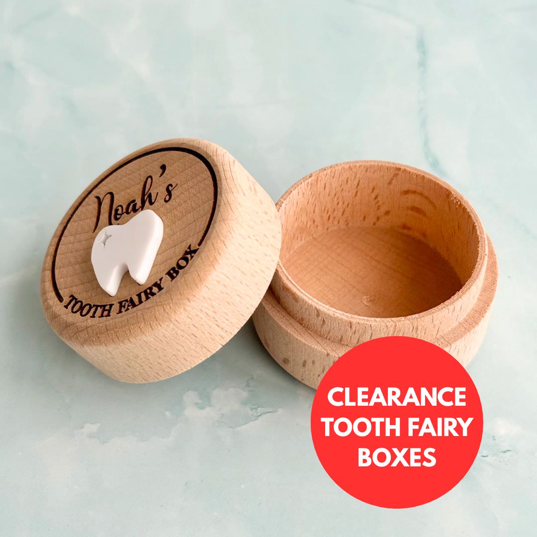personalised wooden tooth fairy box with engraved name and tooth detail, open keepsake box for children