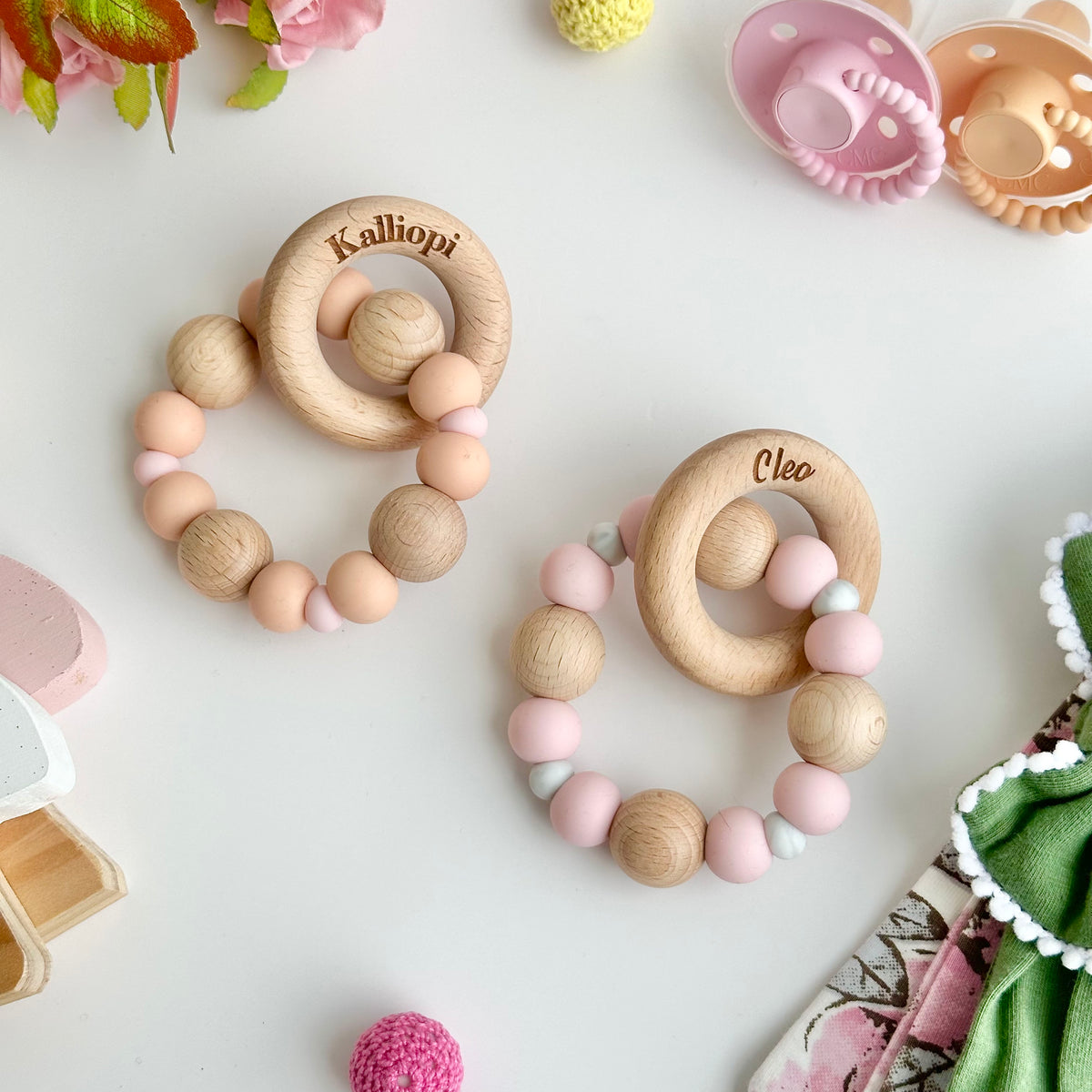 Two-Toned Silicone Teether With Engraved Personalised Beech Wood Ring