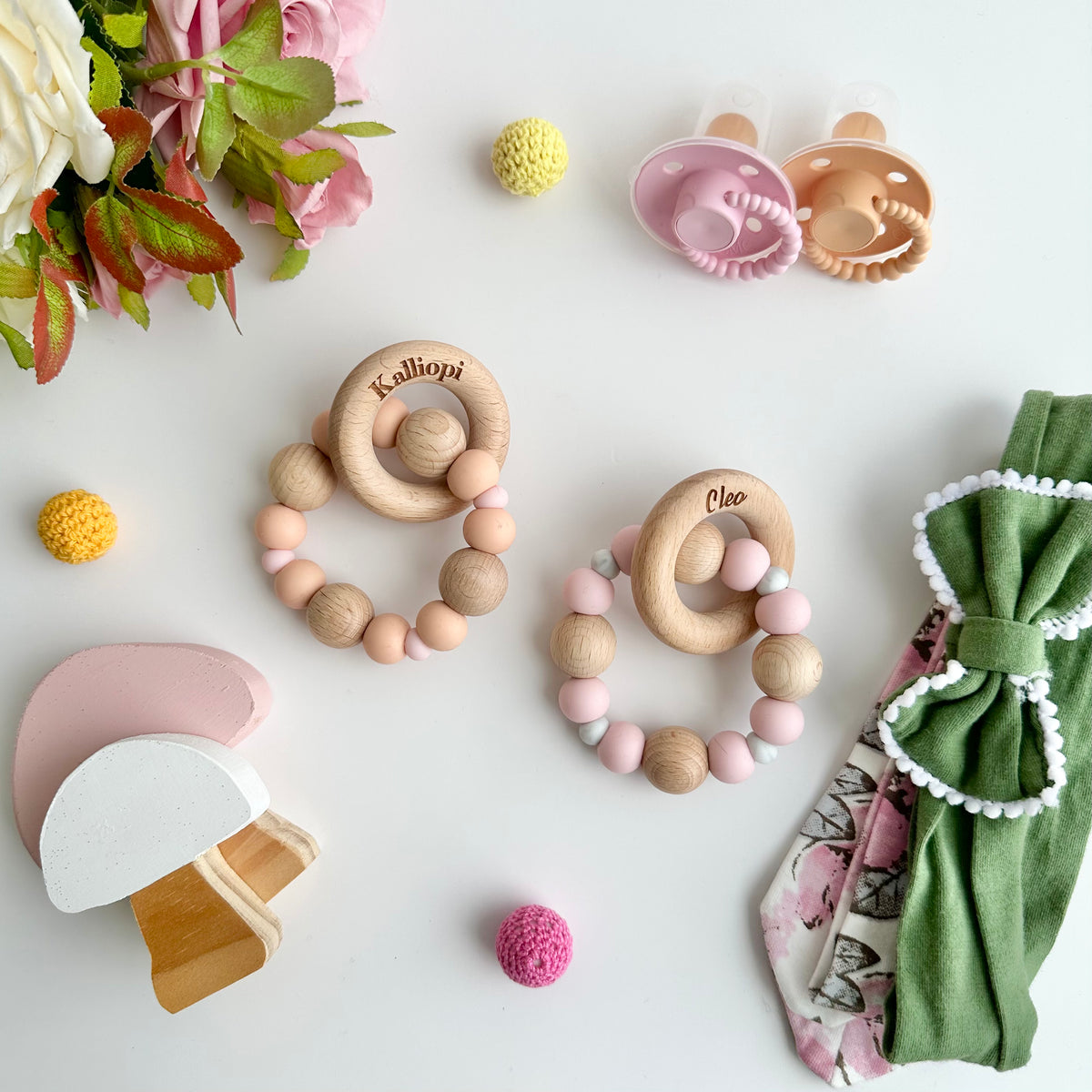 Two-Toned Silicone Teether With Engraved Personalised Beech Wood Ring