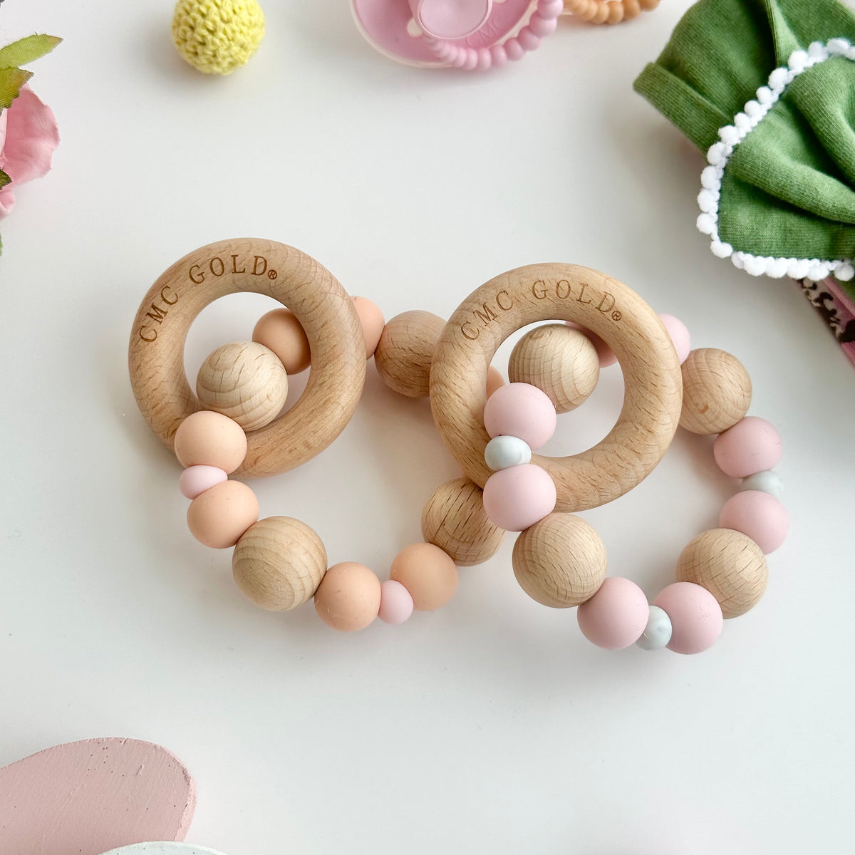 Two-Toned Silicone Teether With Engraved Personalised Beech Wood Ring