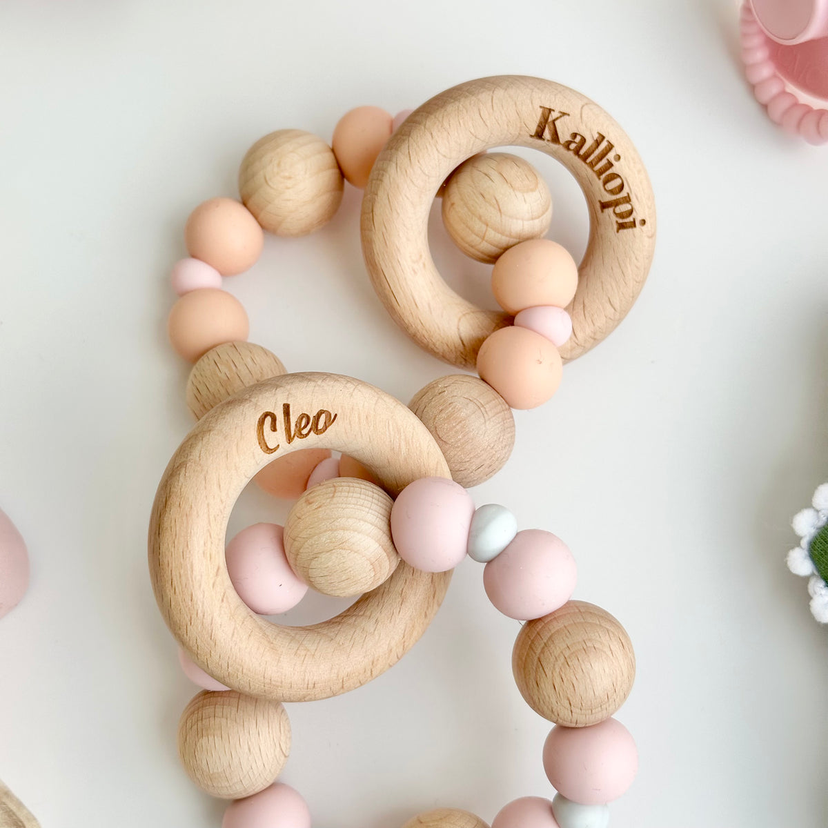 Two-Toned Silicone Teether With Engraved Personalised Beech Wood Ring