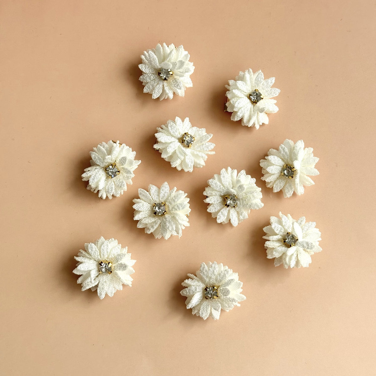White Fabric Floral Hair Clips (10 Pack) - Beige