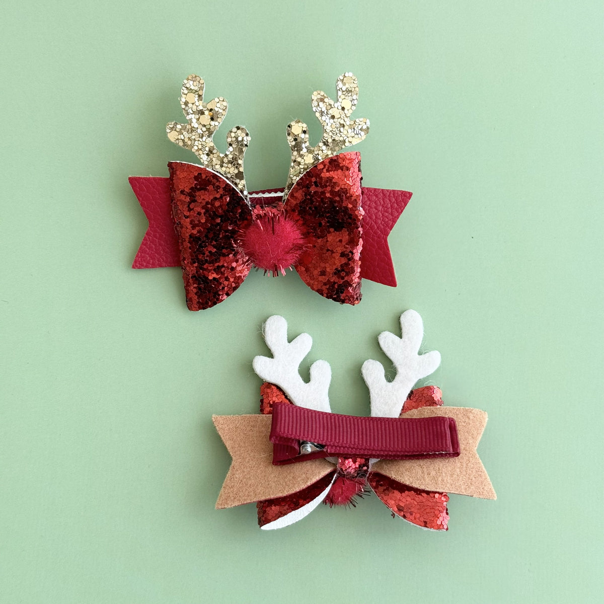 Christmas Glittered Antler Hair Clip - Red Bow