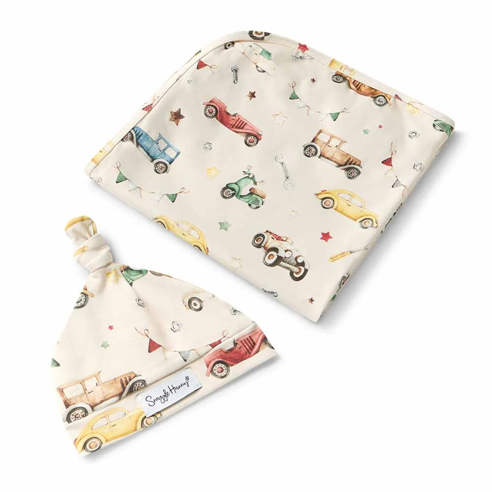 Vintage Cars Baby Jersey Wrap & Beanie Set