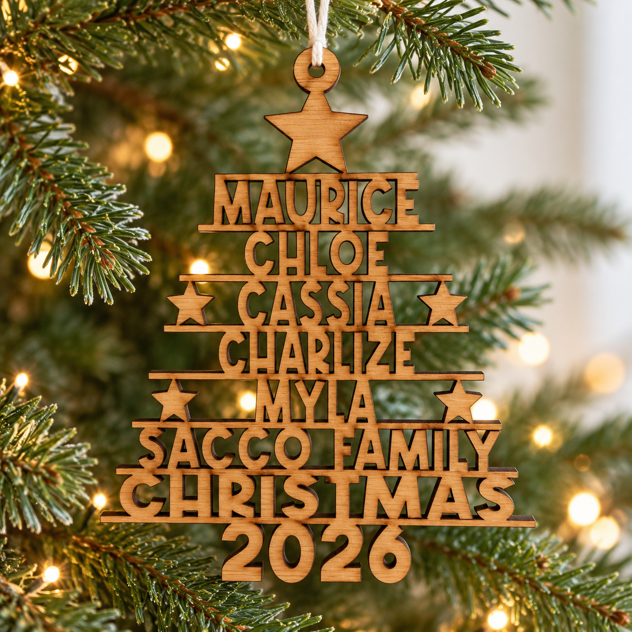 Personalised bamboo family Christmas tree ornament with seven names, family surname and 2026, hanging on a Christmas tree.