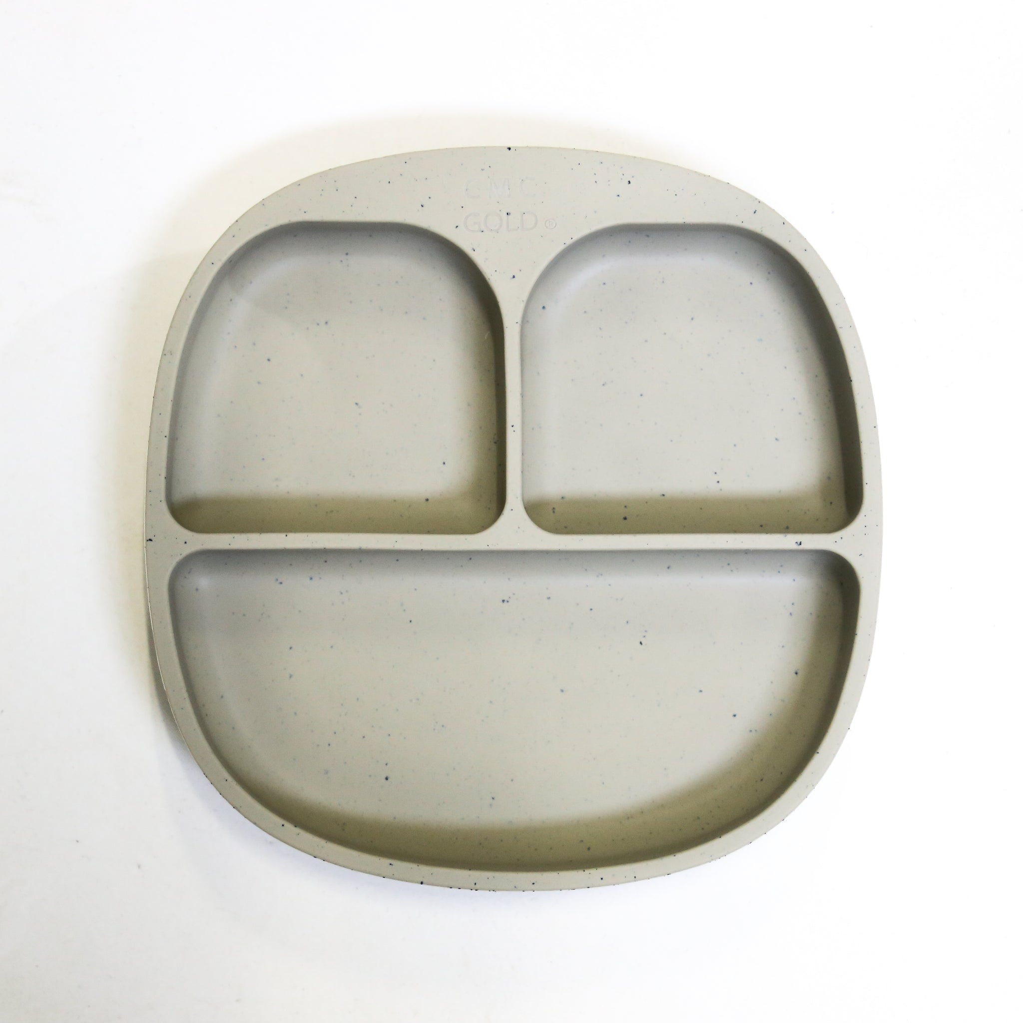Sage speckled silicone divided baby plate with three compartments for toddler meals.