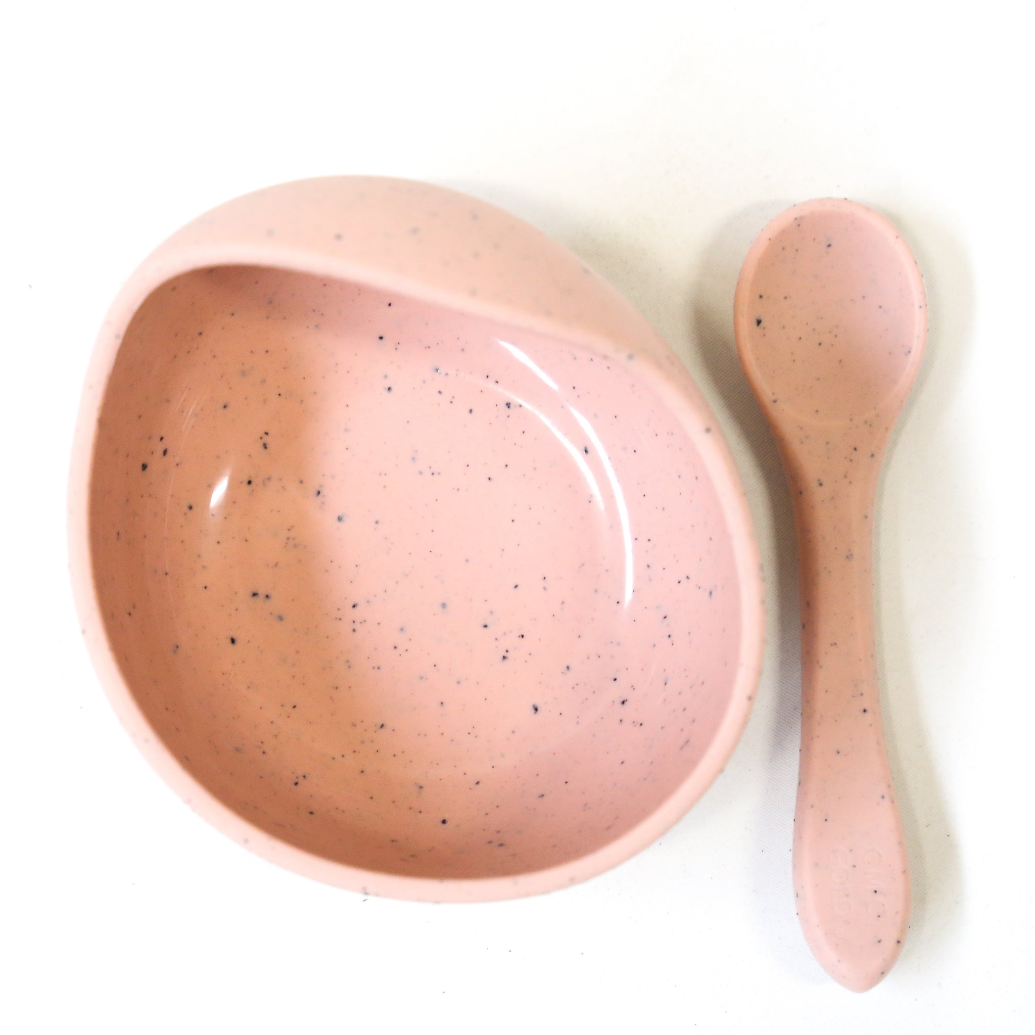 Blush speckled silicone baby bowl and spoon for toddler meals
