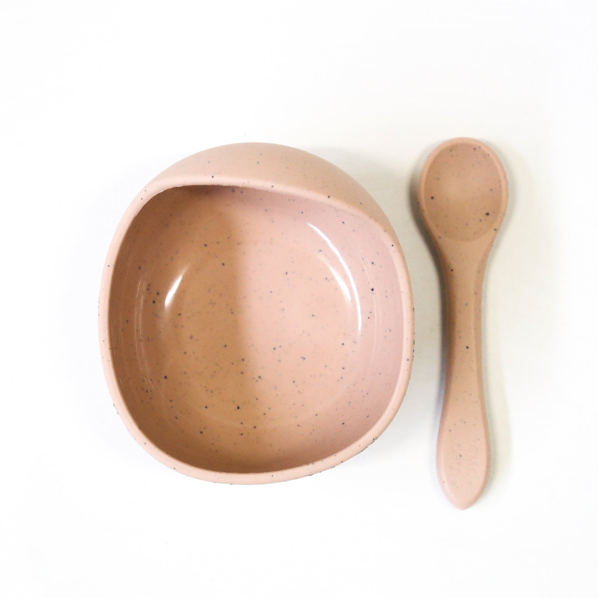 Blush speckled silicone baby bowl and spoon for toddler meals