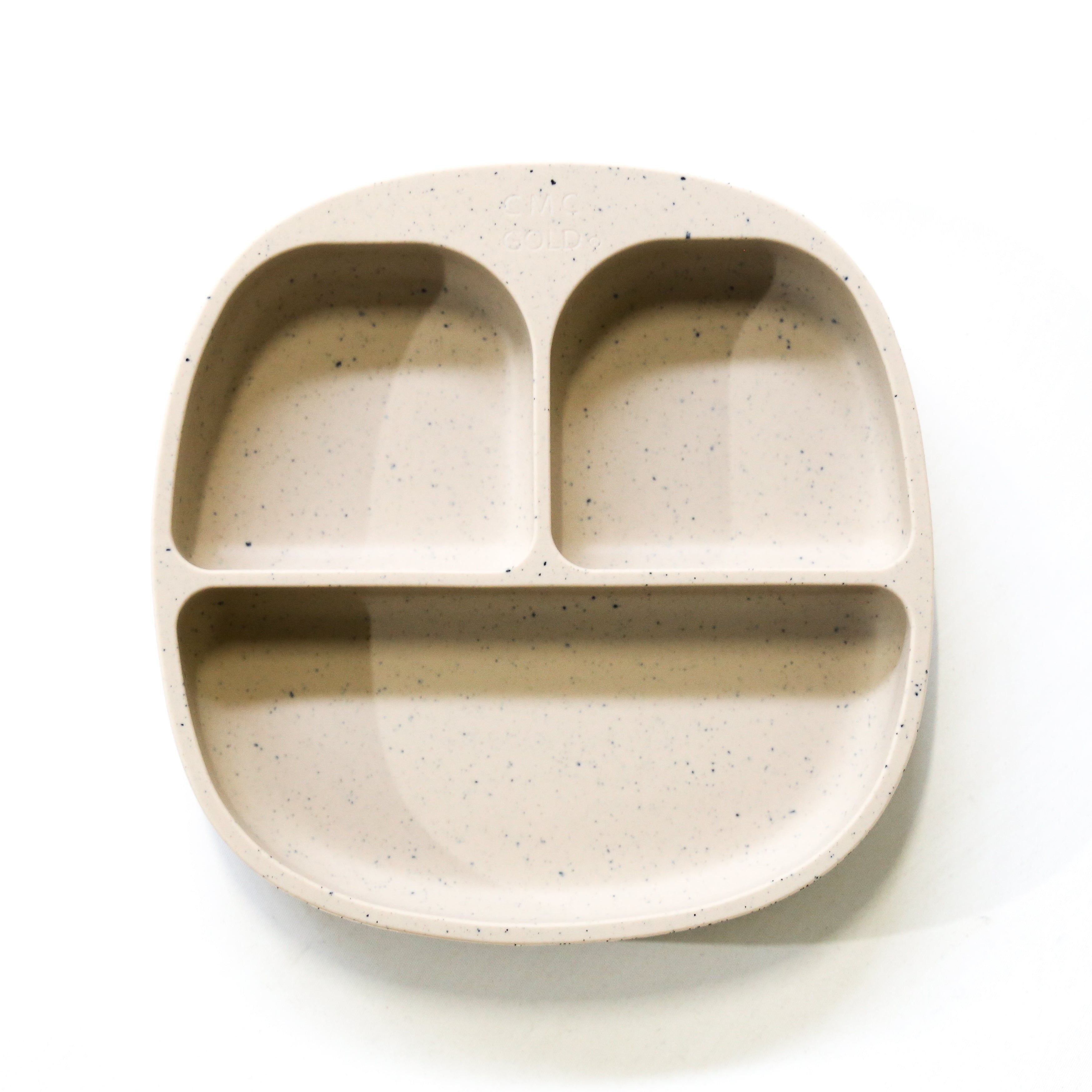 Latte speckled silicone divided baby plate with three compartments for toddler meals
