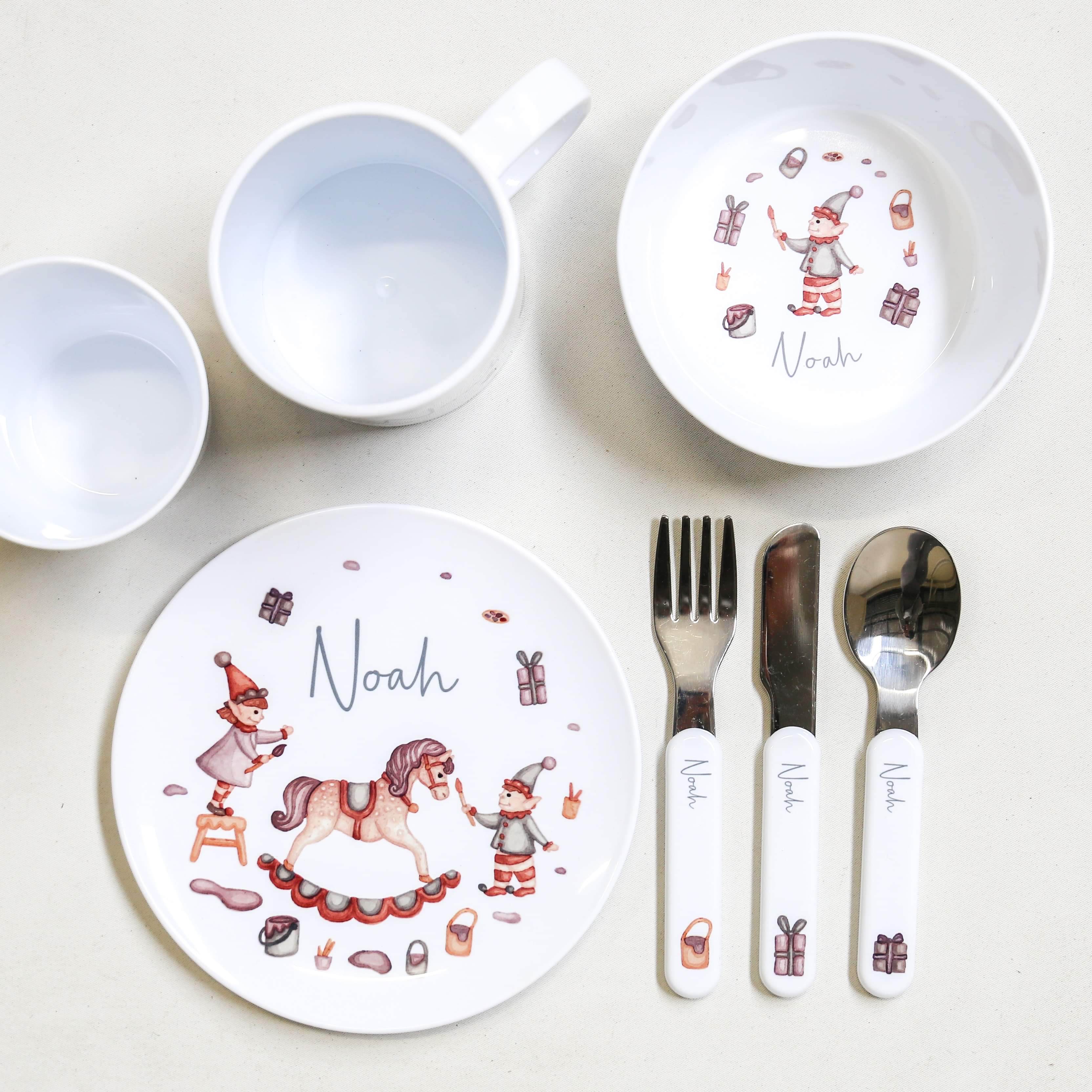 Personalised Kids Dinner Set Santa's Workshop Elves CMC Gold