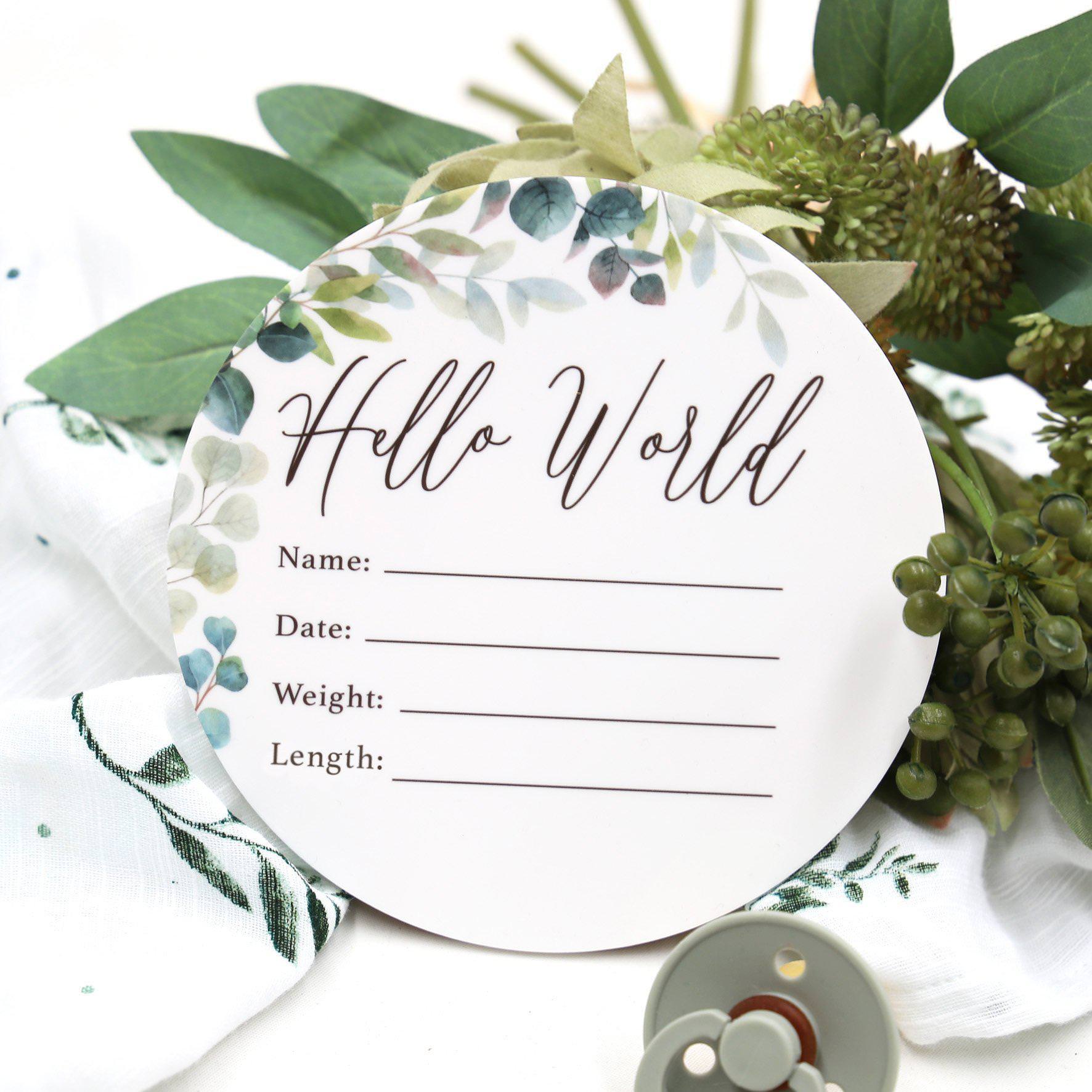 Birth Announcement Card- Hello World Leafy Foliage
