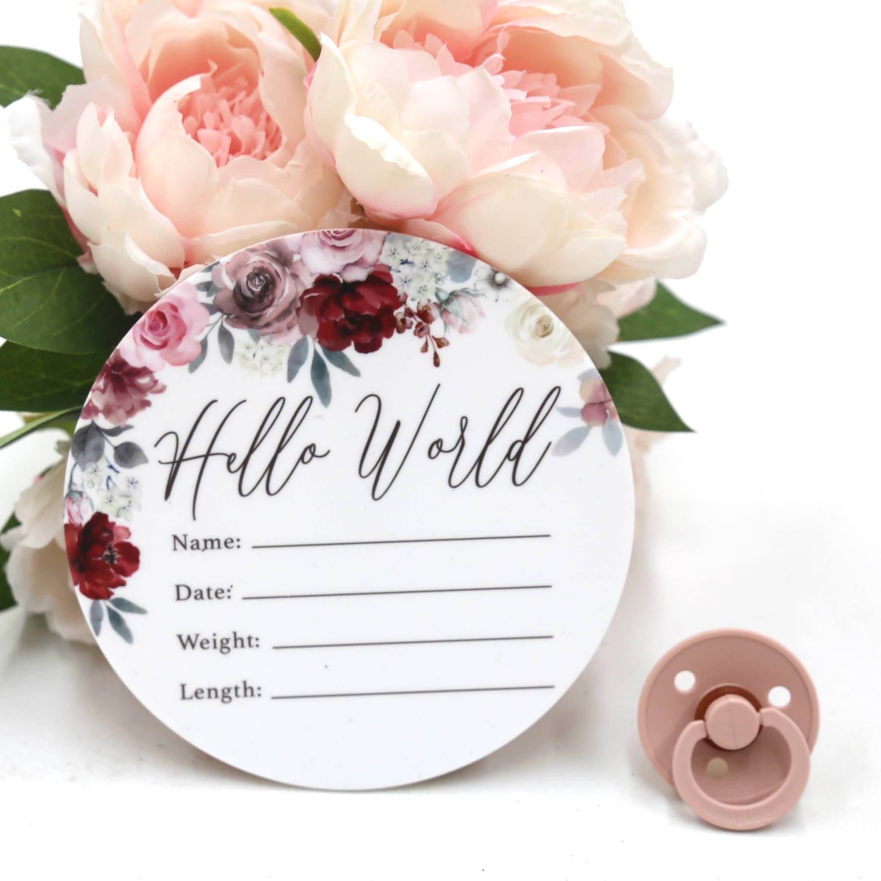 Birth Announcement Card- Hello World Pink, Mauve, Cream, Red Floral
