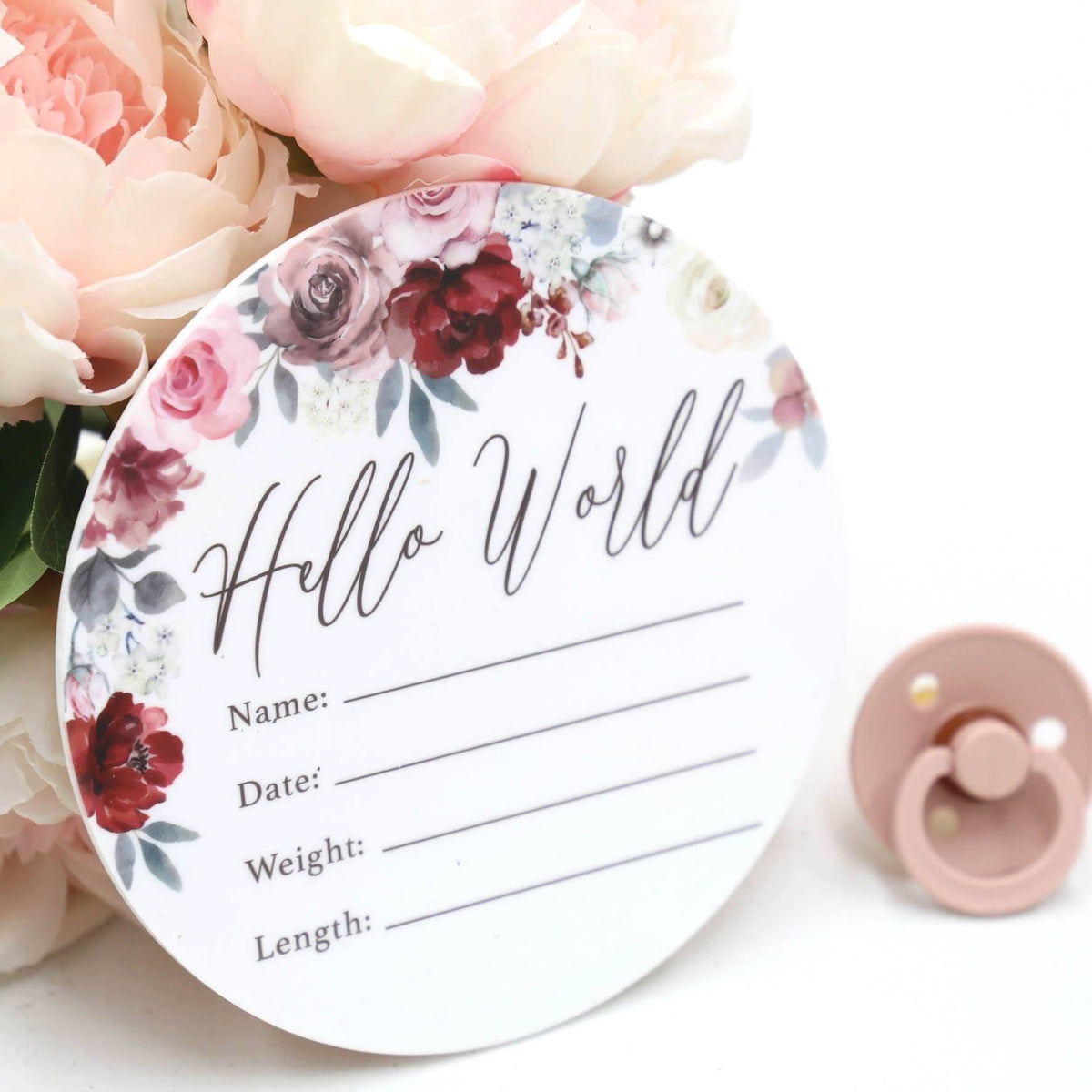 Birth Announcement Card- Hello World Pink, Mauve, Cream, Red Floral