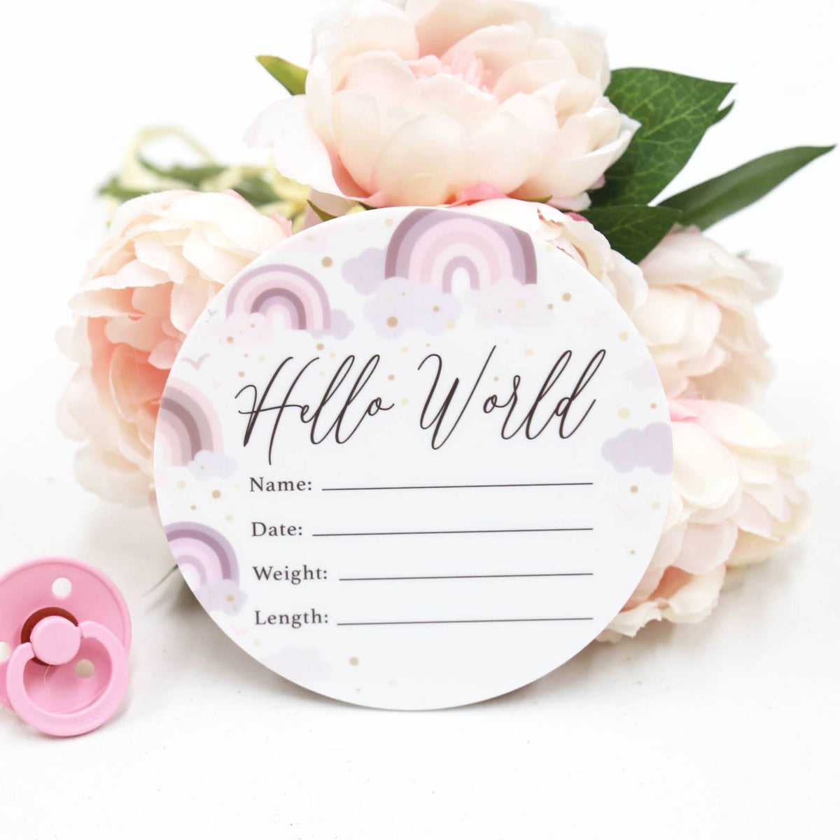 Birth Announcement Card- Hello World Pinky Purple Cloud Rainbow