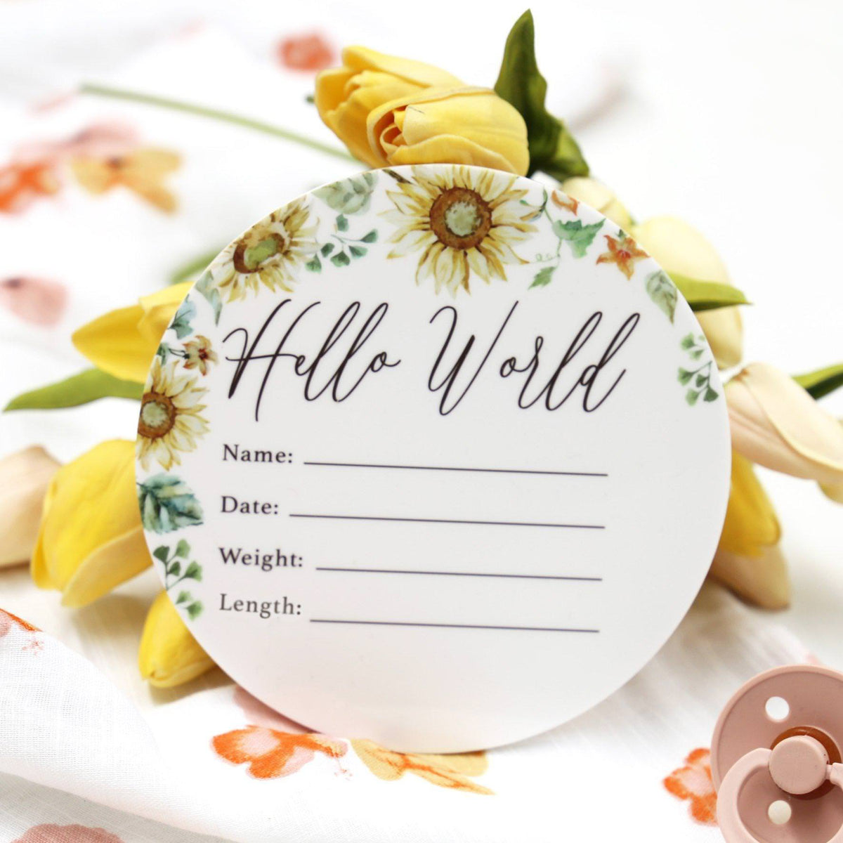 Birth Announcement Card- Hello World Sunflowers