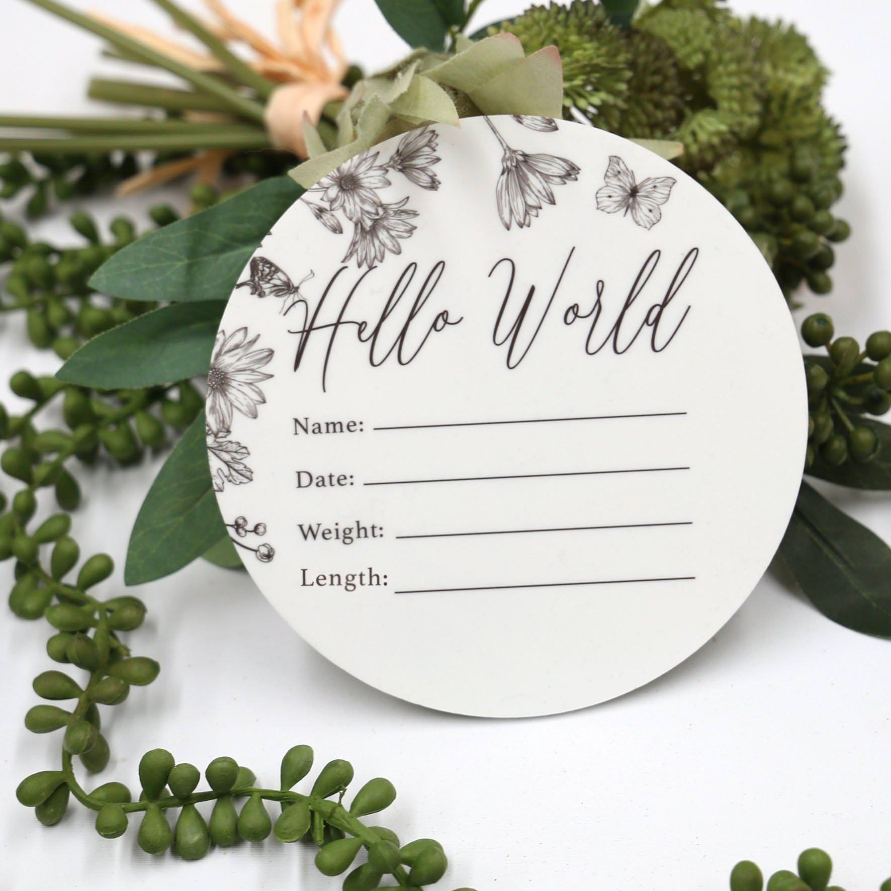 Birth Announcement Card- Hello World White Acrylic Printed Floral