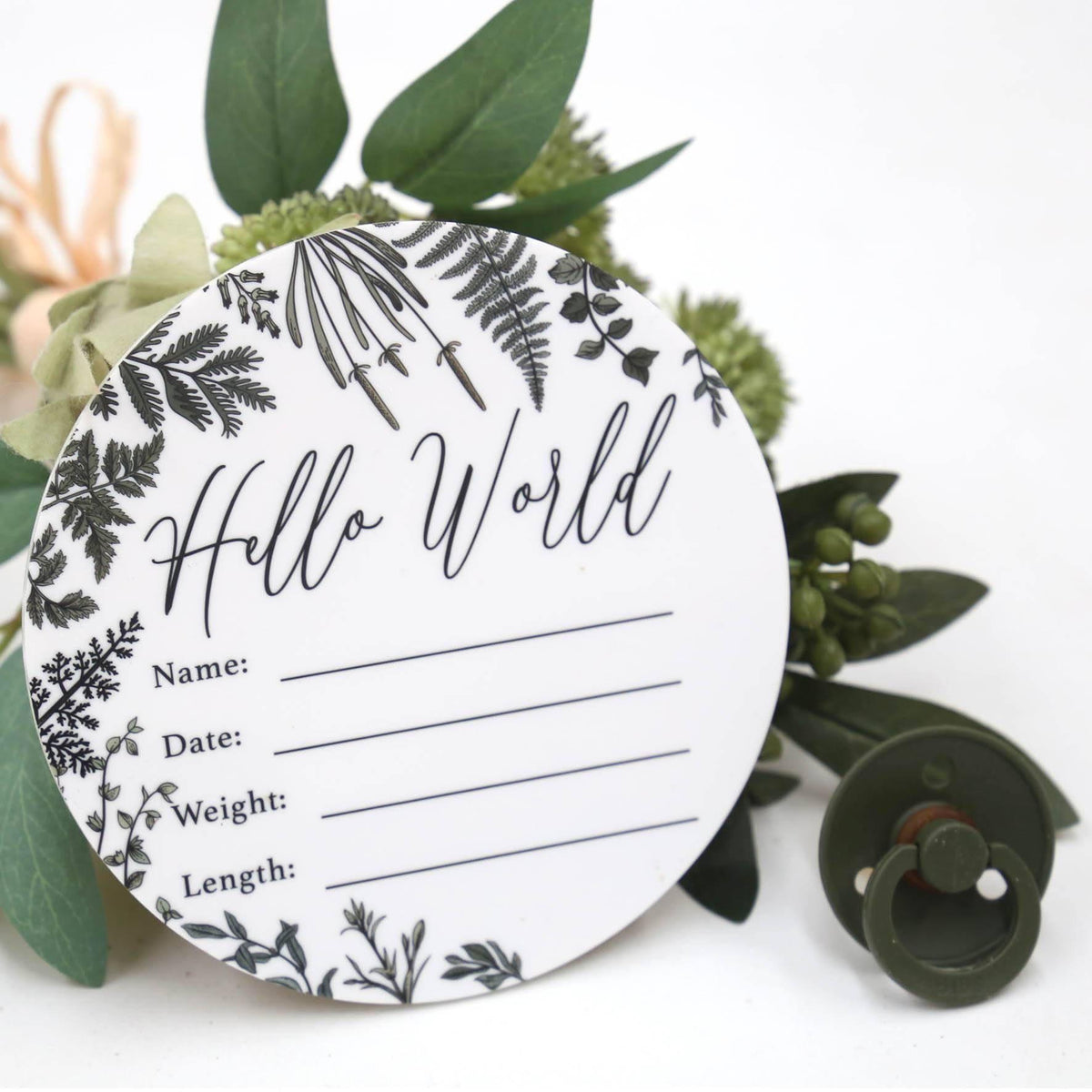 Birth Announcement Card- Hello World White Acrylic Printed Wild Leaf